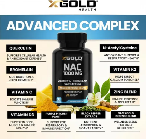 Vista 5 de XGold Health NAC 1000 mg con quercetina 95%, bromelina, zinc, vitamina C, apoyo inmunológico D3 y K2 y suplemento antioxidante Mezcla de defensa