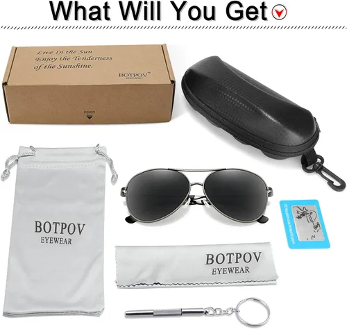 Vista 5 de BOTPOV Gafas de sol de aviador para hombres y mujeres, polarizadas, protección UV400, lente espejada, marco de metal con bisagras de resorte..