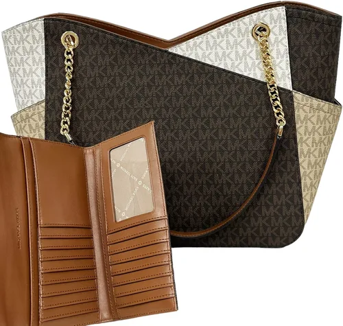 Vista 3 de Michael Kors Jet Set - Cartera de viaje con cadena grande, color marrón, MK, multicolor, color marrón, triple cartera, Marrón