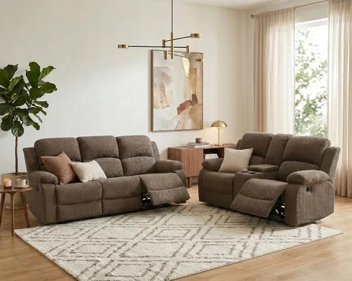 Vista 29 de Juego de sofá reclinable manual para sala de estar, juego de muebles de 3 piezas, sofá reclinable de tela Courduroy y dos sillas con mesa Azul