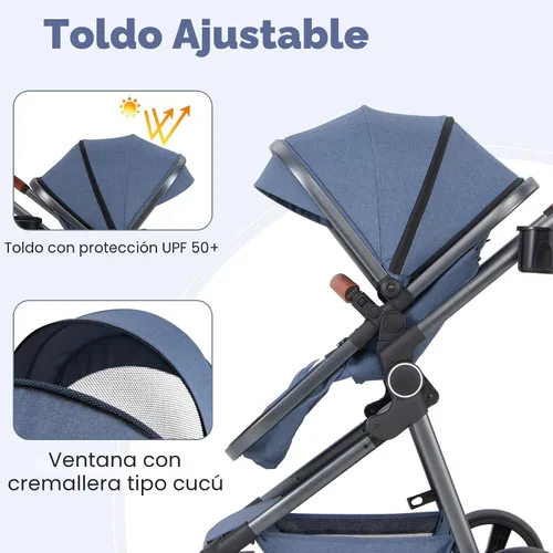 Vista 4 de INFANS Cochecito de bebé 2 en 1, cuna convertible para recién nacido, plegable, alta absorción de impactos con asiento reversible, estructura