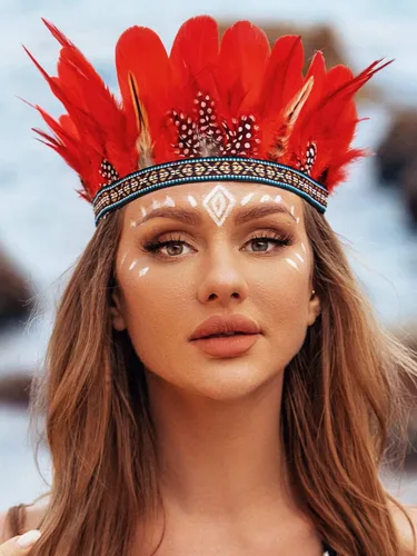 Vista 3 de Red Feather Headpiece Indian Costume Headdress Carnival Crown Headband for Women