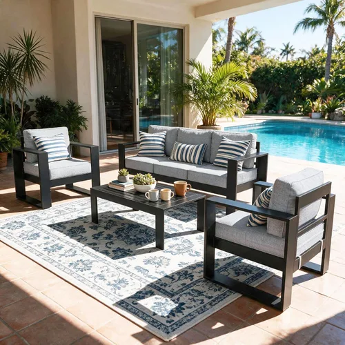 Vista 15 de LayinSun - Juego de muebles de patio de aluminio para exteriores de 4 piezas, sofá de conversación moderno de metal con mesa de café y cojines Negro