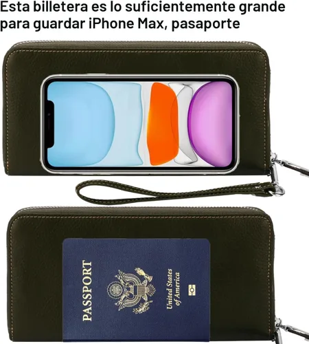 Vista 5 de Lavemi Pequeña cartera compacta para mujer, con bloqueo RFID, de piel auténtica, plegable, con ventanas de identificación, negro, (1- Black)