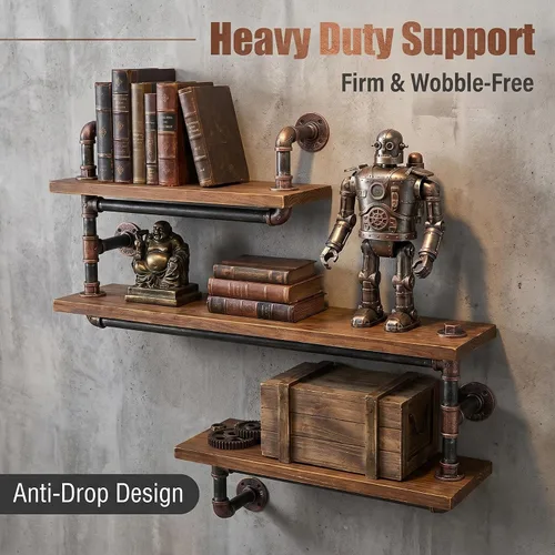 Vista 6 de Estantería de tubo industrial Pipe, madera moderna rústica, 3 estantes de pared de tubos escalonados, tubo de hierro forjado, estantería de diseño