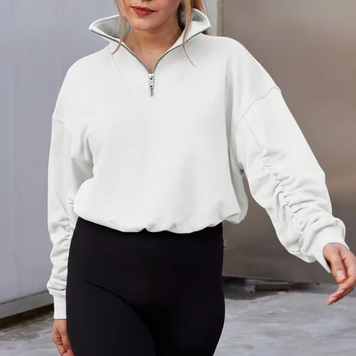 Vista 2 de Sudadera con media cremallera para mujer, manga larga, color liso, cuello alto, recortada, ajuste holgado, ropa casual de otoño