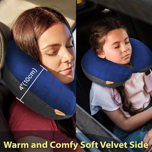 Vista 4 de TREKOLOGY Almohada cervical de viaje para avión – Almohada de cuello de avión de primera calidad para dormir – Soporte de cuello definitivo para Azul