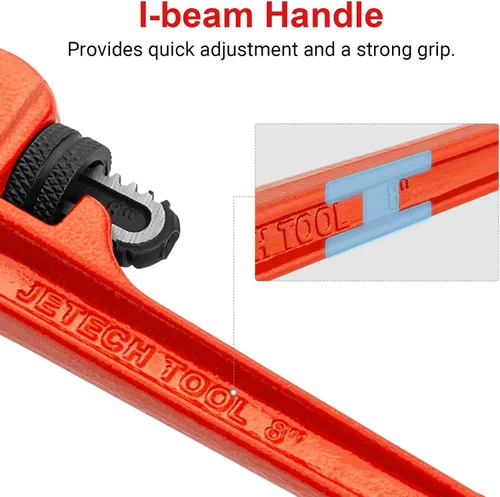 Vista 3 de Jetech Llave de tubo recta resistente de 8 pulgadas, llave de plomero de aluminio ajustable con mandíbula de gancho flotante y mango de vigas en I