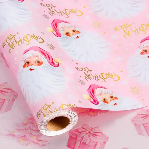 Vista 18 de Homeral Rollo de papel de regalo de Navidad, Papá Noel, muñeco de nieve y lazo y bastones de caramelo rosados, envoltura de regalo reversible