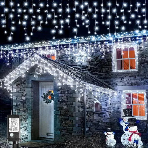 Vista 11 de Luces de carámbano para exteriores, 16.5 pies, 200 luces LED de Navidad para exteriores, impermeables, 8 modos de enchufe, cortina de luz conectable