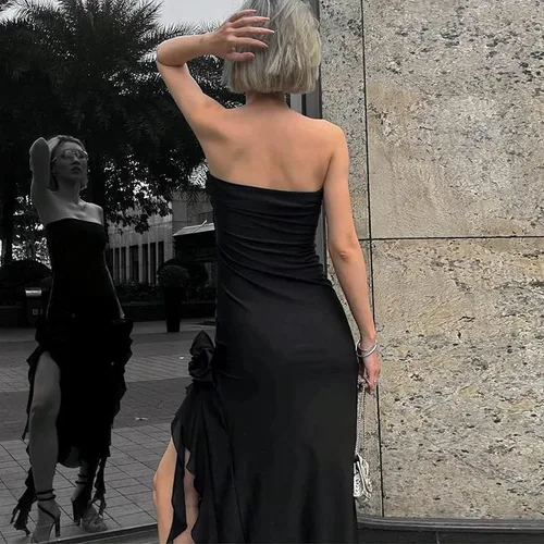 Vista 4 de Vestido sexy con borlas y volantes para mujer, sin mangas, 3D, con abertura alta, ajustado, vestido midi irregular para fiesta de club, trajes