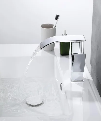 Vista 6 de Grifo cromado de baño con una sola manija de 1 agujero, lavabo de lavabo cascada con desbordamiento, desbordamiento, desagüe emergente, montaje