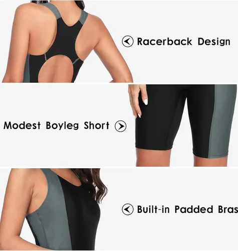 Vista 3 de beautyin Trajes de baño tipo unitardo para mujer, con espalda cruzada, atléticos, de una pieza, hasta la rodilla