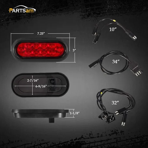 Vista 4 de Partsam Kit de luces LED rojas para portaequipajes, 2 luces traseras ovaladas impermeables de 6 pulgadas con ojales de goma, 1 arnés de cableado