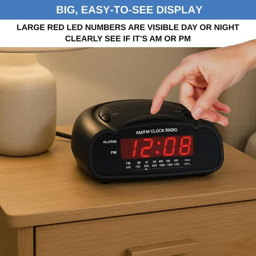 Vista 2 de Reloj despertador digital Radio reloj AM/FM con pantalla LED roja, alarma fuerte para personas que duermen mucho Reloj de escritorio o de noche