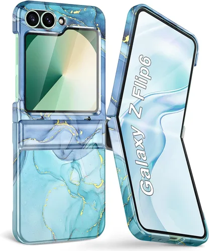 Vista 33 de Btscase Funda para Samsung Galaxy Z Flip 6, protector de pantalla frontal integrado, patrón de mármol dorado con purpurina de policarbonato duro