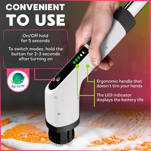 Vista 5 de Cepillo eléctrico 7 en 1, 2500 mAh. Limpiador telescópico de bañera con mango largo. Potente limpiador eléctrico para bañera. Cepillo eléctrico