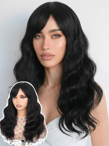 Vista 11 de WIGNEE Pelucas onduladas naturales con flequillo, 100% cabello humano brasileño, pelucas onduladas de moda, color negro natural