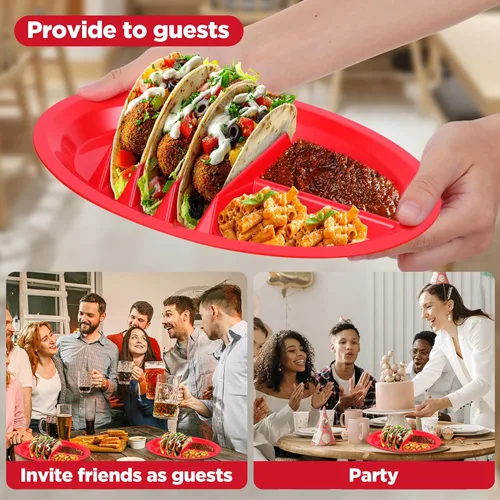 Vista 6 de Paquete de 12 platos coloridos de plástico para tacos, soporte reutilizable para tacos con divisores para 3 tacos y 2 áreas de inmersión, sin BPA