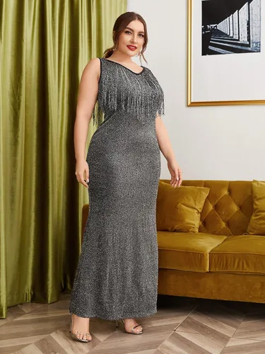 Vista 3 de WDIRARA Vestido largo elegante para mujer, sin mangas, cuello barco, entallado, con flecos, talla grande