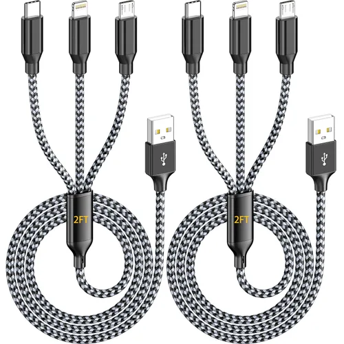 Vista 10 de Cable de carga múltiple de 4 pies, paquete de 3 cables trenzados 3 en 1 con Negro/Gris-4ft-3Pack