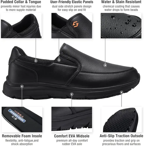 Vista 3 de HISEA Zapatos antideslizantes de servicio de alimentos para hombre zapatos de trabajo antideslizantes para cocina restaurante zapatos sin cordones