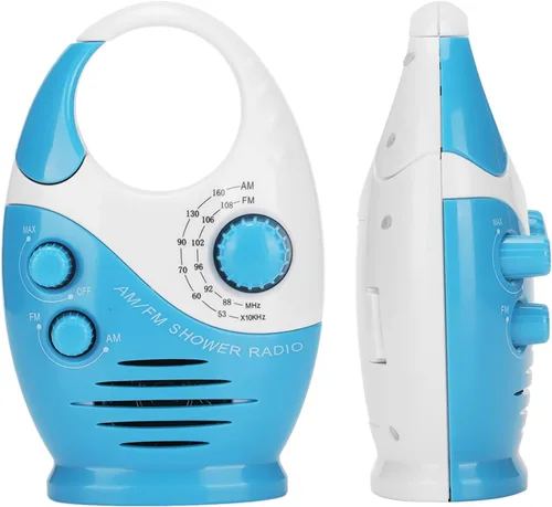 Vista 3 de Radio portátil AM FM, radio de ducha con altavoz integrado, diseño tipo gancho para baño, camping, uso doméstico, material plástico ABS