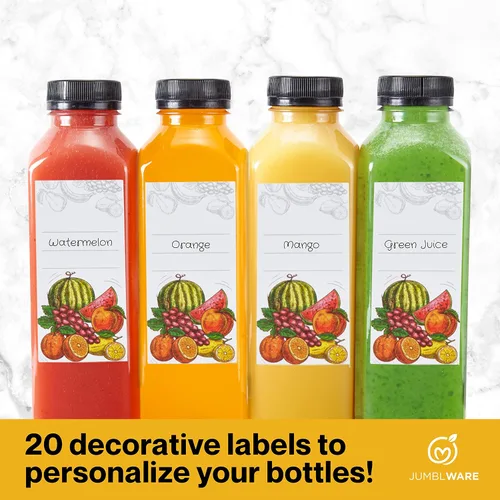 Vista 5 de JumblWare Juego de 40 botellas reutilizables de jugo de plástico transparente de 16 onzas con embudo, cepillo de limpieza y etiquetas