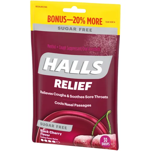 Vista 4 de HALLS Relief - Gotas para la tos con sabor a cereza negra, sin azúcar, 1 bolsa (30 gotas en total)