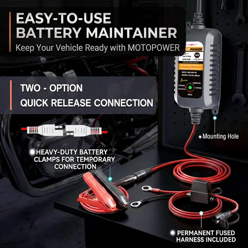 Vista 8 de MOTOPOWER MP00205A 12V 800mA Mantenedor de cargador de batería automático, paquete de 2 Cargador de batería, mantenedor de batería, cargador