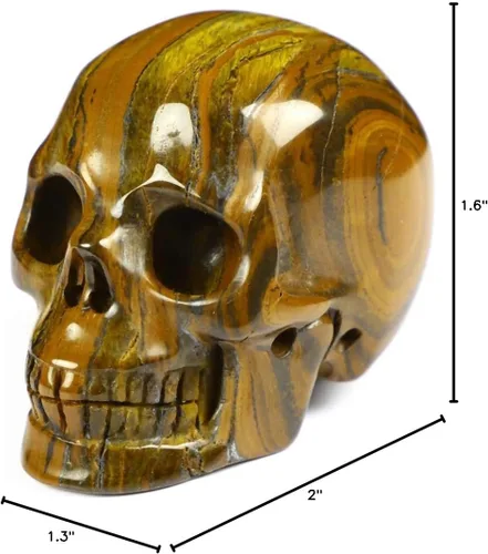 Vista 7 de Skullis Calavera de cristal de ojo de hierro de tigre de 2.0 pulgadas, escultura de arte fino de piedras preciosas talladas a mano, estatua