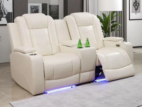 Vista 20 de Sofá reclinable de cuero transpirable con luz LED, sofá modular eléctrico con consola de almacenamiento, soporte para tazas para cine en casa, sala