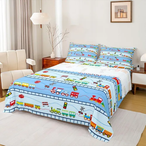 Vista 27 de Erosebridal Juego de sábanas de automóvil de dibujos animados para niños, juego de ropa de cama de camiones, tamaño individual, sábana bajera