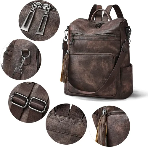 Vista 52 de OPAGE - Mochila de cuero para mujer, con borla de moda, bolso de hombro, mochila grande, bolsa de viaje, gris, L