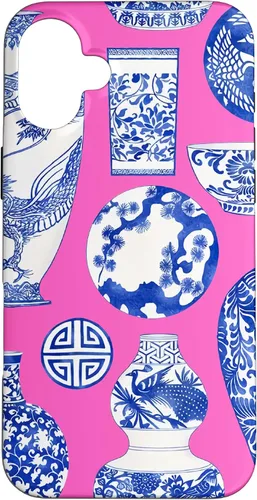 Vista 23 de iPhone 16 Blue Willow Chinoiserie Jengibre Tarro Fresco Preppy Rosa Azul Caso