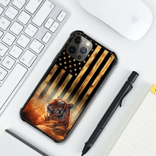 Vista 5 de DJSOK Funda compatible con iPhone 11, funda clásica de grano de madera con diseño de bandera estadounidense y tigre para iPhone 11, funda resistente