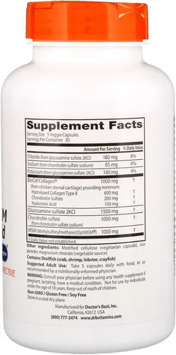 Vista 3 de Doctor's Best Glucosamina Condroitina MSM + Ácido Hialurónico con OptiMSM con Colágeno BioCell, Soporte Articular, Sin OMG, Sin Gluten y Soja, 150