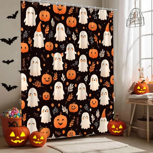 Vista 6 de Cortina de ducha de fantasma de Halloween, diseño de calabaza espeluznante, hojas retro, divertida tela de dibujos animados para decoración de baño