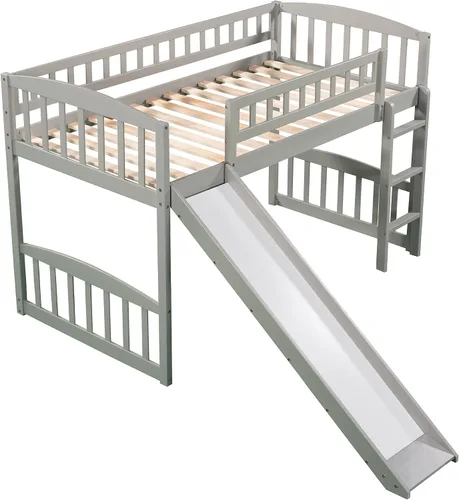 Vista 7 de Merax Cama tipo loft de tamaño individual con tobogán y escalera, marco de madera de pino macizo, gris