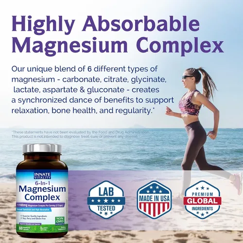 Vista 5 de Innate Vitality Complejo de magnesio 6 en 1, 1160 mg por porción, descanso y digestión, glicinato y citrato de magnesio, alta absorción, 60 cápsulas