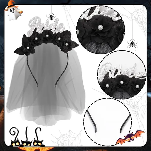 Vista 7 de Decoración gótica de novia con velo de flores góticas, diadema para despedida de soltera, novia, futura novia, tocado de flores góticas, aro