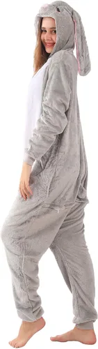 Vista 6 de LOBUJOU Pijama de una pieza para adultos, disfraz de dibujos animados de animales para mujeres y hombres, cosplay, Halloween, conejo gris