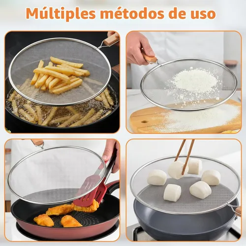 Vista 5 de Pantalla contra salpicaduras de grasa para sartén, malla de protección contra salpicaduras de acero inoxidable de 8 pulgadas con mango de madera