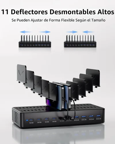 Vista 5 de Estación de carga de 100 W para múltiples dispositivos, estación de carga rápida USB de 10 puertos con divisores ajustables y 10 cables, base