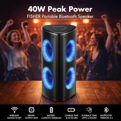 Vista 6 de Fisher Altavoces Bluetooth portátiles, altavoces estéreo, sistema inalámbrico Bluetooth, triángulo cuádruple de 6.5 pulgadas, doble potencia máxima
