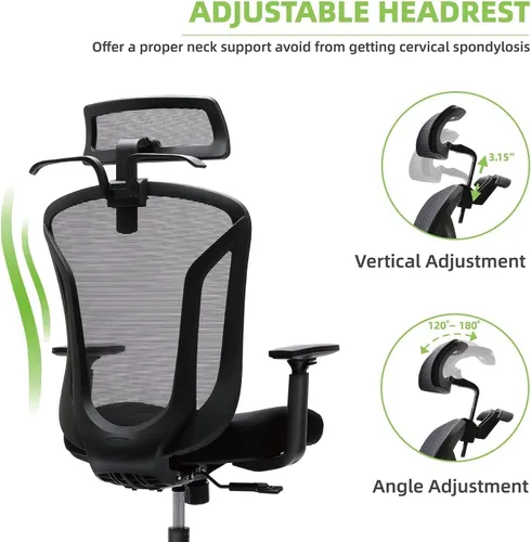 Vista 4 de Silla de oficina con respaldo alto, silla ergonómica de malla, silla de escritorio para el hogar, reposacabezas ajustable, silla ejecutiva