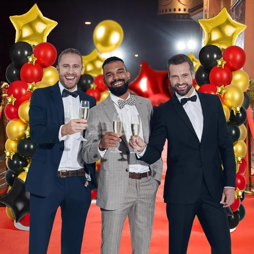 Vista 6 de 2 juegos de globos negros dorados y rojos, kits de soporte de columna de globos ajustables con 4 estrellas, guirnalda de noche de película, globos