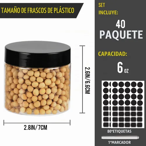 Vista 2 de Paquete de 40 tarros de plástico con tapas negras de 6 onzas, recipientes Negro (black Lids)