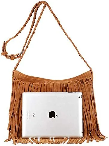 Vista 4 de Goclothod Bolso de hombro estilo hobo de gamuza con flecos, estilo hippie para mujer, estilo vintage