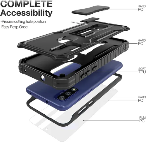 Vista 4 de FITO Funda para Moto G Pure, funda resistente a prueba de golpes de doble capa con un protector de pantalla de vidrio, soporte integrado (negro)